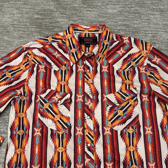 Rock & Roll Denim Shirt Mens XL Orange Blue Western Pearl Snap Aztec Retro - Picture 2 of 12